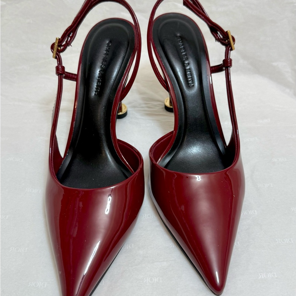 Charles & Keith Wynn Patent Slingback Heels Red Pointed Toe Sculptural EU 35 - Picture 2 of 8